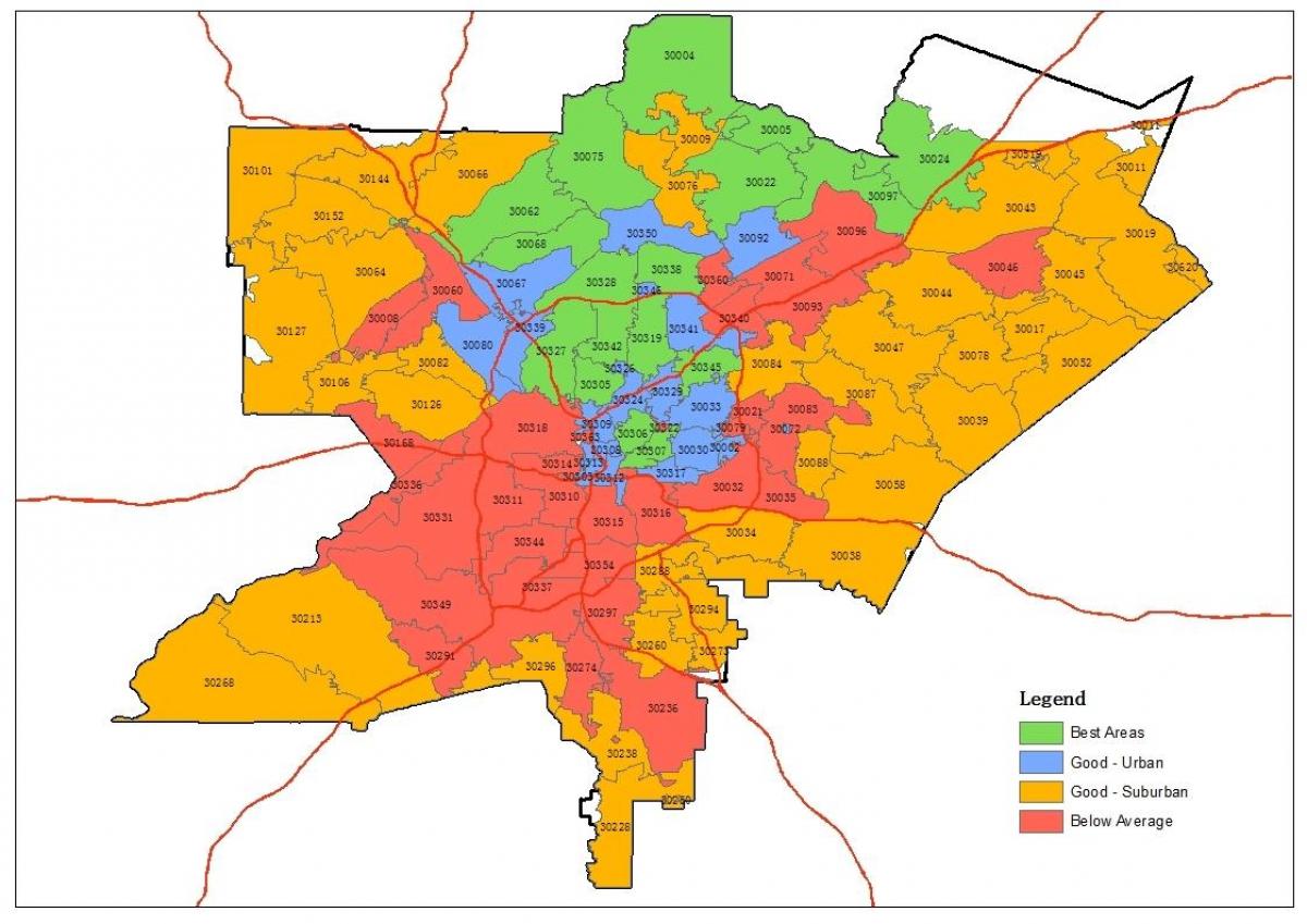 Atlanta področju zip kodo zemljevid